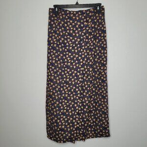 Vintage passport blue tan ditsy floral poetic cottage wrap midi maxi skirt L